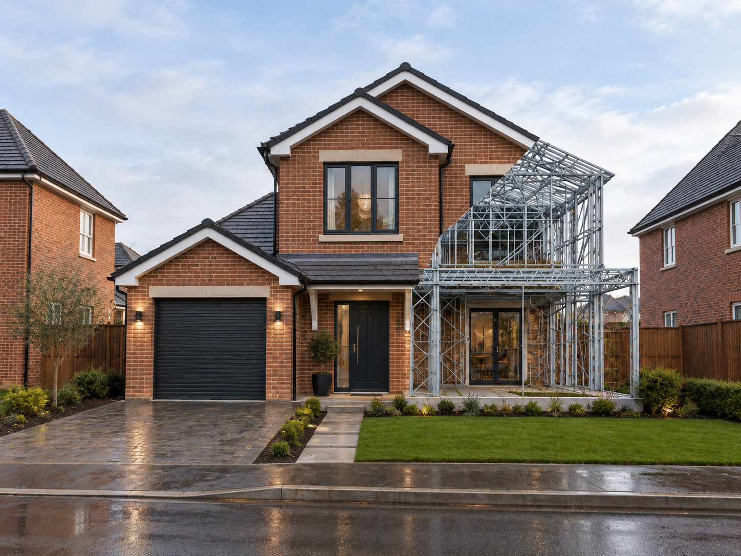 Brick-finished family home with half its light gauge steel frame exposed